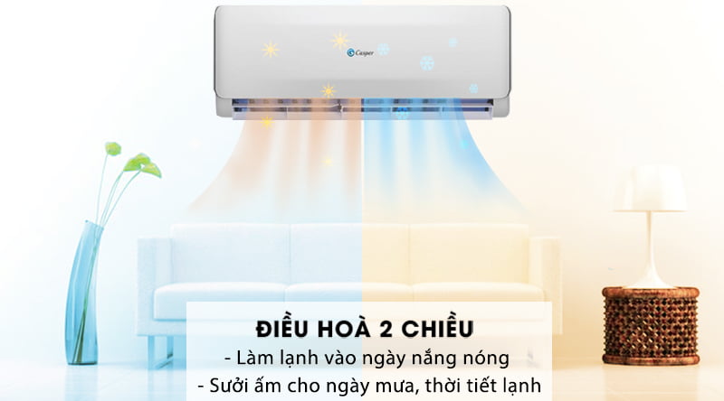 Máy lạnh 2 chiều Casper 1 HP EH-09TL22-Thuộc kiểu điều hòa 2 chiều, đáp ứng nhu cầu làm mát và sưởi ấm tiện lợi